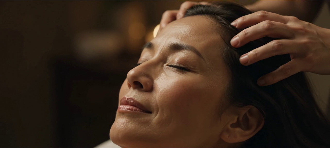 A woman with her eyes closed receiving a slow scalp massage