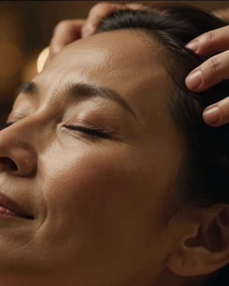 A woman with her eyes closed receiving a slow scalp massage